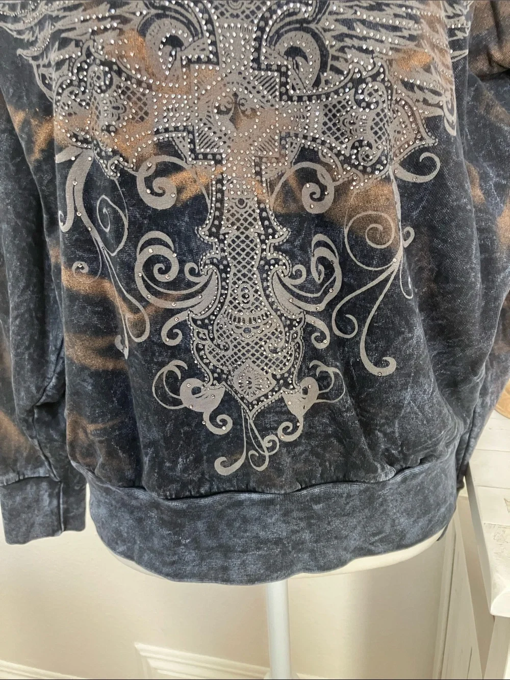 Affliction Women’s Black Distressed Hooded Sweatshirt Embellished Wing Design